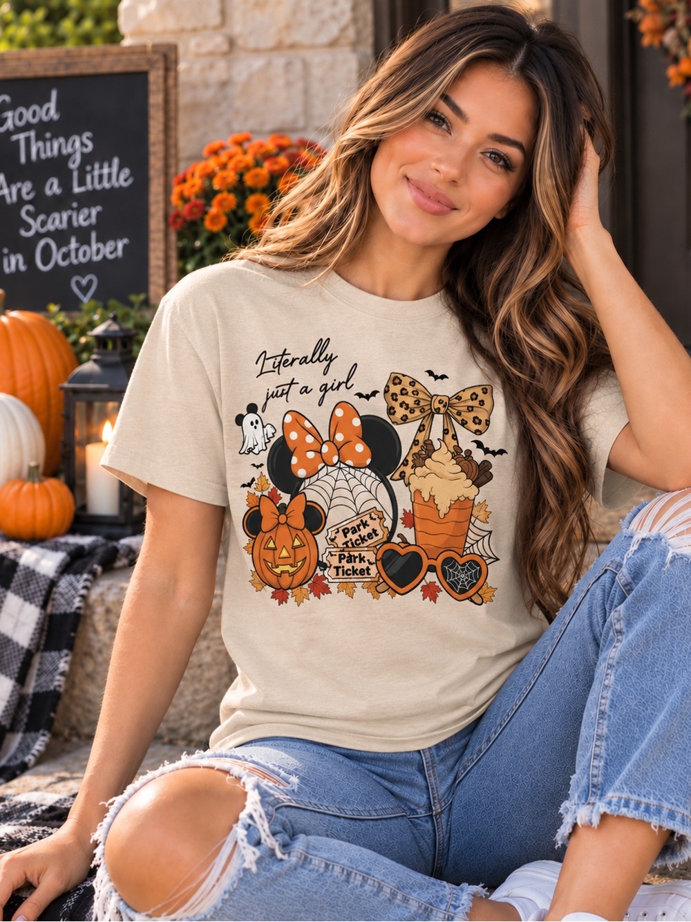 "Literally Just a Girl" Disney Minnie Mouse Fall Halloween Graphic T- Shirt